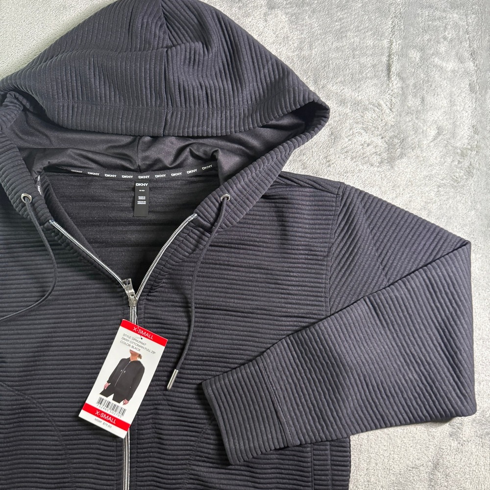 DKNY Black Ottoman Ribbed Full Zip Hoodie Jacket XS NWT